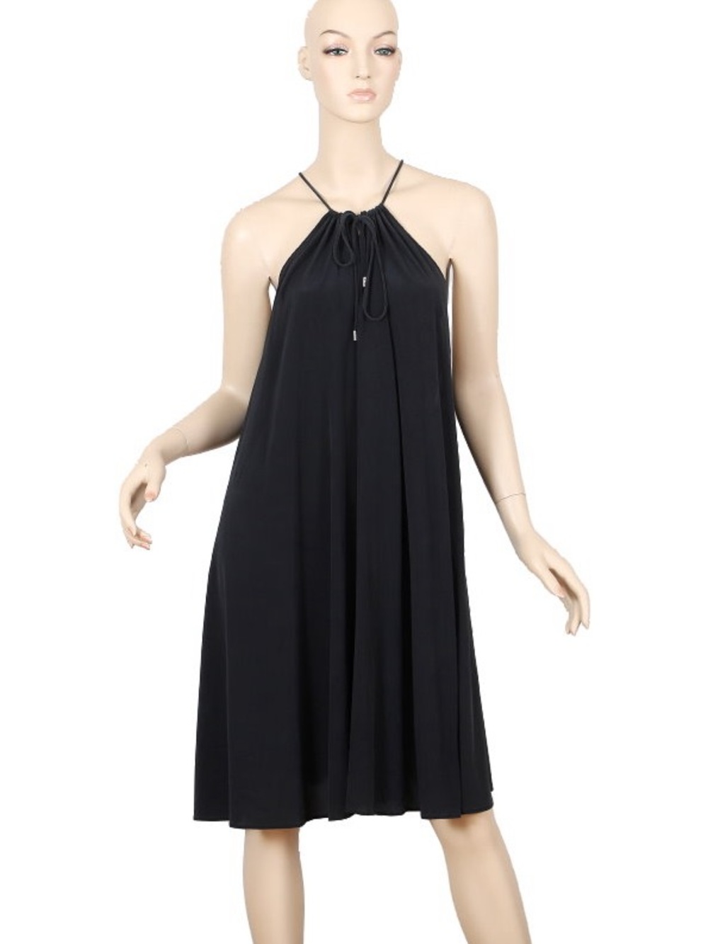 LA PERLA BLACK 100% Silk Sleeveless Tie Neck Cape Swing Dress